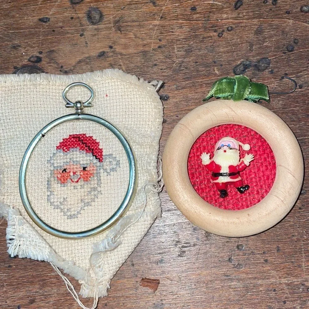 Set of‎ 2 vintage homemade/handmade Santa Christmas ornaments in frames